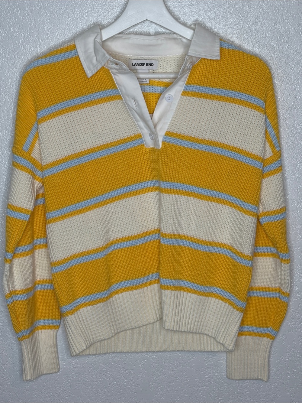 Lands End Yellow Blue Rugby Stripe Preppy Collared Sweater Polo Size XS